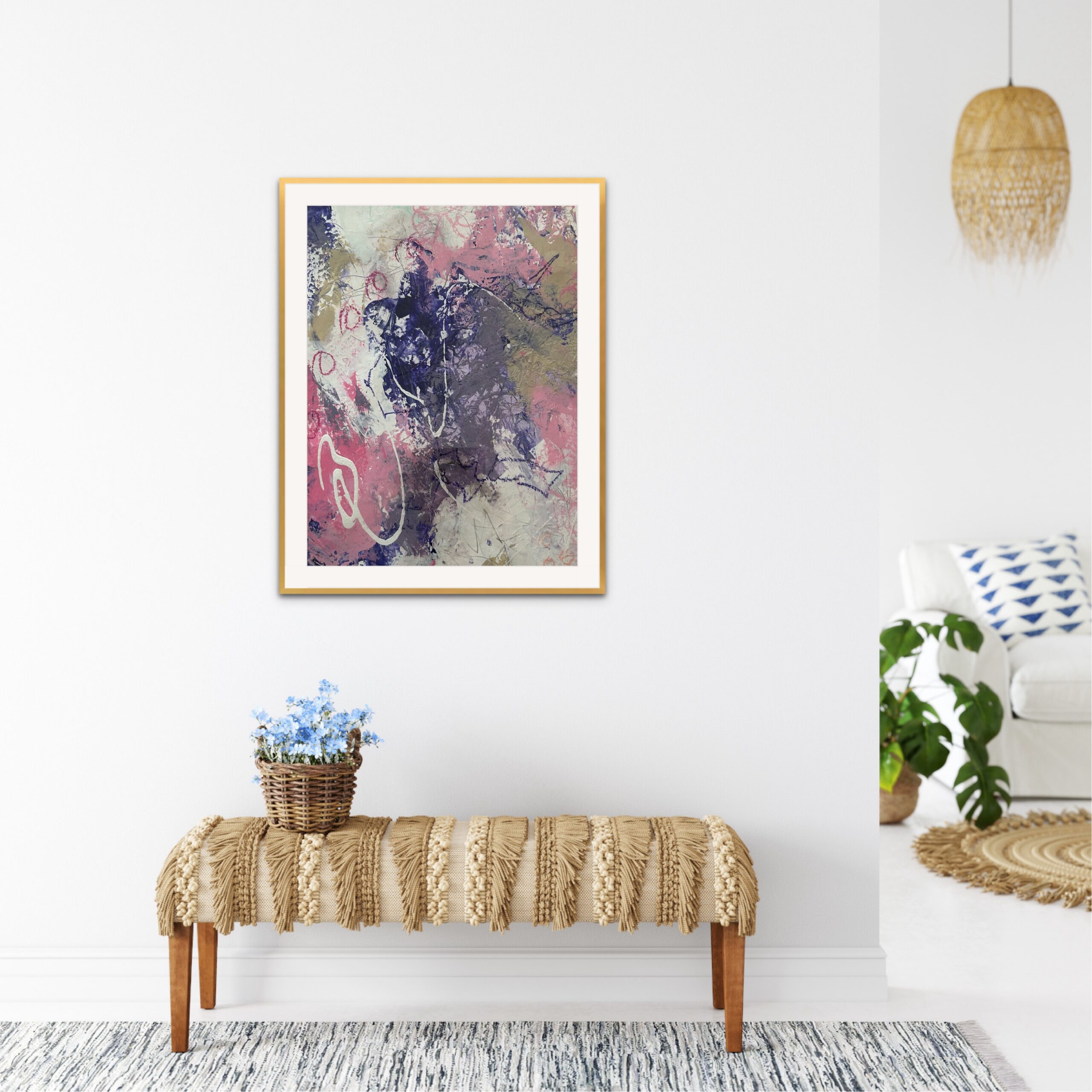 Billede som er malet med lilla og lyserøde farver , malet med akrylmaling måler 50•65 cm pris 1500 og med ramme 1650 kr
